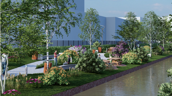 Impressie van een groene verblijfsruimte op een bedrijventerrein
